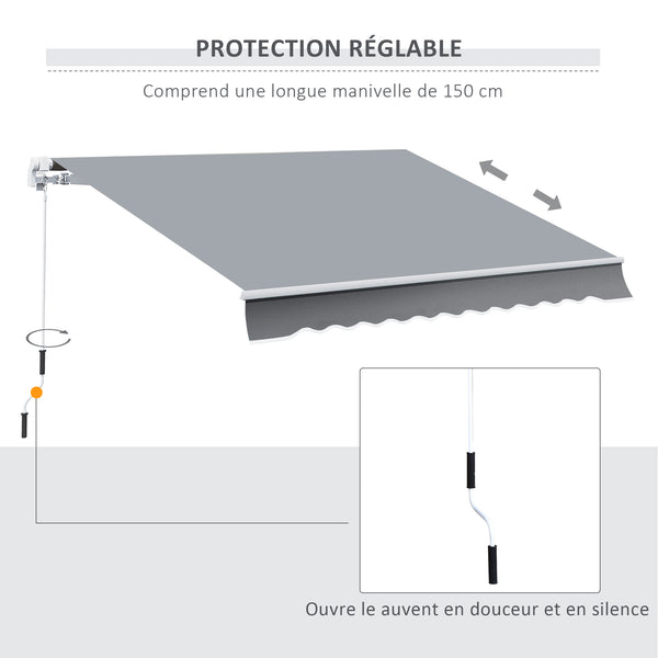 Store banne manuel rétractable 395 x 245 cm store exterieur terrasse avec manivelle, angle réglable 45°-85°, aluminium et polyester 280 g/m², protection UV, auvent de terrasse, gris