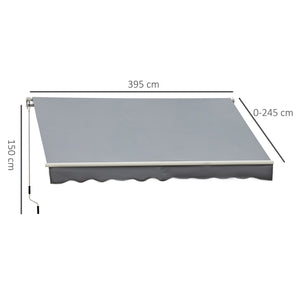 Store banne manuel rétractable 395 x 245 cm store exterieur terrasse avec manivelle, angle réglable 45°-85°, aluminium et polyester 280 g/m², protection UV, auvent de terrasse, gris