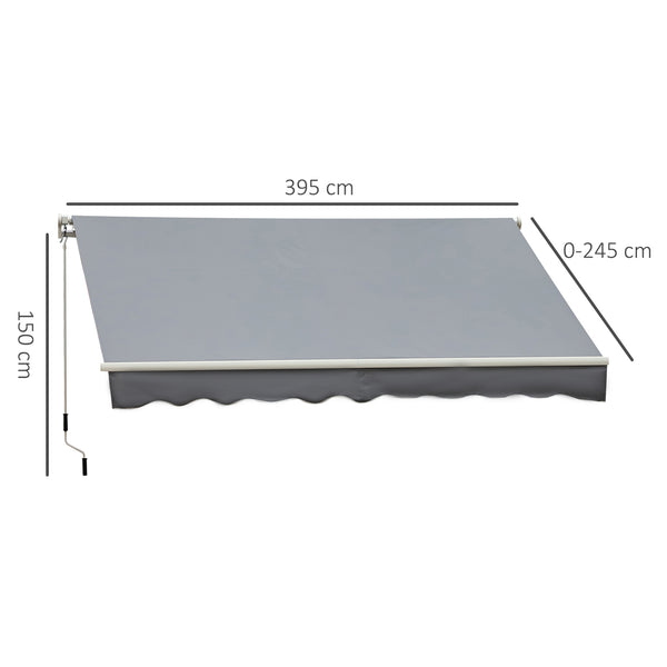 Store banne manuel rétractable 395 x 245 cm store exterieur terrasse avec manivelle, angle réglable 45°-85°, aluminium et polyester 280 g/m², protection UV, auvent de terrasse, gris