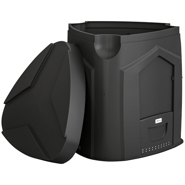Composteur de jardin, 240L, bac à compost extérieur, triangulaire, 78 x 75 x 78 cm, en polypropylène, avec 3 Portes, 66 Aérations et Fond Ouvert, Inclus Gants et Tournevis, Noir
