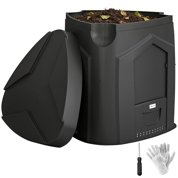 Composteur de jardin, 240L, bac à compost extérieur, triangulaire, 78 x 75 x 78 cm, en polypropylène, avec 3 Portes, 66 Aérations et Fond Ouvert, Inclus Gants et Tournevis, Noir