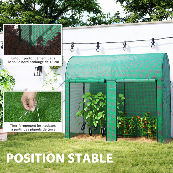 Serre de jardin PE, serre de balcon, bâche renforcée 140 g/m², châssis en acier, 2 portes zippées enroulables, pour légumes plantes fleurs, intérieur et extérieur, 200 x 100 x 178 cm, vert