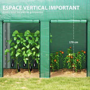 Serre de jardin PE, serre de balcon, bâche renforcée 140 g/m², châssis en acier, 2 portes zippées enroulables, pour légumes plantes fleurs, intérieur et extérieur, 200 x 100 x 178 cm, vert