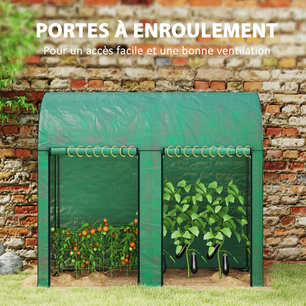 Serre de jardin PE, serre de balcon, bâche renforcée 140 g/m², châssis en acier, 2 portes zippées enroulables, pour légumes plantes fleurs, intérieur et extérieur, 200 x 100 x 178 cm, vert