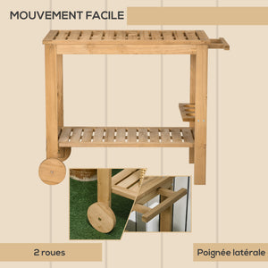 Desserte de jardin chariot pour plancha barbecue en bois avec poignée 2 plateaux et porte-bouteilles 95 x 47 x 74 cm