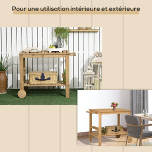 Desserte de jardin chariot pour plancha barbecue en bois avec poignée 2 plateaux et porte-bouteilles 95 x 47 x 74 cm