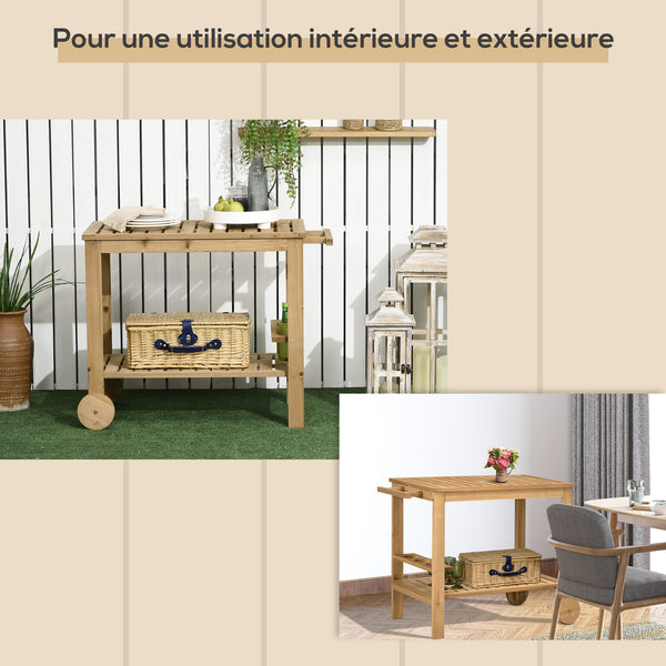 Desserte de jardin chariot pour plancha barbecue en bois avec poignée 2 plateaux et porte-bouteilles 95 x 47 x 74 cm