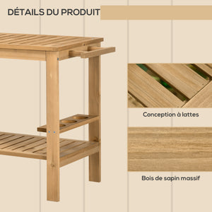 Desserte de jardin chariot pour plancha barbecue en bois avec poignée 2 plateaux et porte-bouteilles 95 x 47 x 74 cm