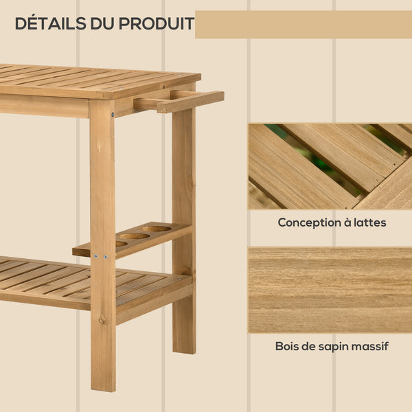 Desserte de jardin chariot pour plancha barbecue en bois avec poignée 2 plateaux et porte-bouteilles 95 x 47 x 74 cm