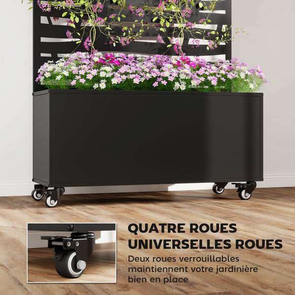 Jardinière avec treillis, bac à fleurs en métal, lit surélevé avec brise-vue et roues, treillis découpé en lattes pour plantes grimpantes, légumes, fleurs, 90 x 30 x 160 cm, noir