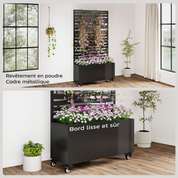 Jardinière avec treillis, bac à fleurs en métal, lit surélevé avec brise-vue et roues, treillis découpé en lattes pour plantes grimpantes, légumes, fleurs, 90 x 30 x 160 cm, noir