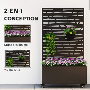 Jardinière avec treillis, bac à fleurs en métal, lit surélevé avec brise-vue et roues, treillis découpé en lattes pour plantes grimpantes, légumes, fleurs, 90 x 30 x 160 cm, noir