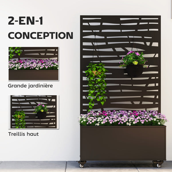 Jardinière avec treillis, bac à fleurs en métal, lit surélevé avec brise-vue et roues, treillis découpé en lattes pour plantes grimpantes, légumes, fleurs, 90 x 30 x 160 cm, noir