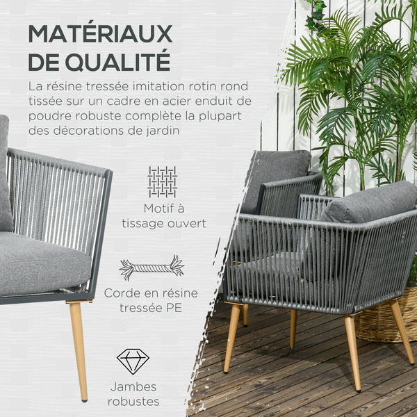Salon de Jardin en résine tressée 4 places avec 1 canapé 2 fauteuils et 1 table basse 7 coussins inclus gris