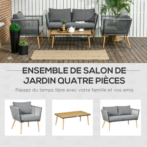 Salon de Jardin en résine tressée 4 places avec 1 canapé 2 fauteuils et 1 table basse 7 coussins inclus gris
