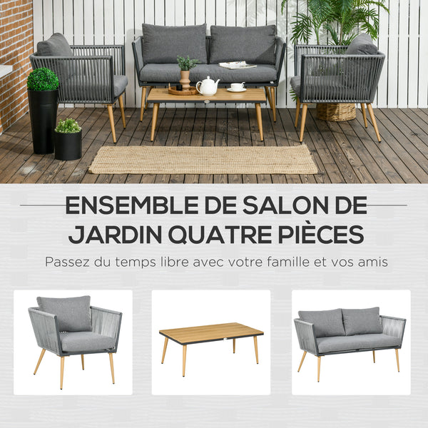 Salon de Jardin en résine tressée 4 places avec 1 canapé 2 fauteuils et 1 table basse 7 coussins inclus gris