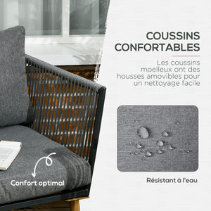 Salon de Jardin en résine tressée 4 places avec 1 canapé 2 fauteuils et 1 table basse 7 coussins inclus gris