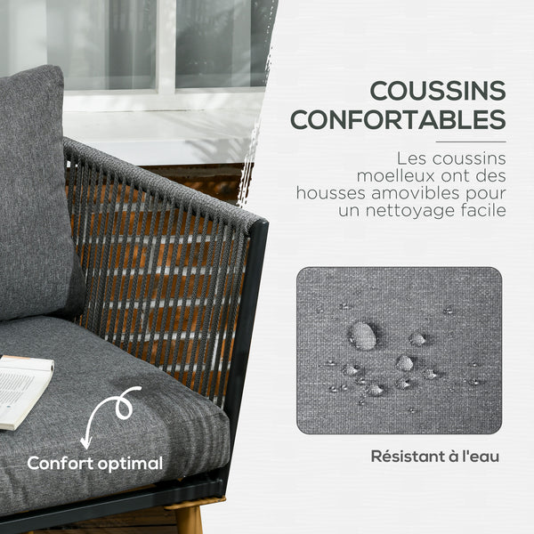 Salon de Jardin en résine tressée 4 places avec 1 canapé 2 fauteuils et 1 table basse 7 coussins inclus gris
