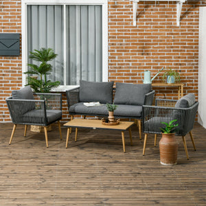 Salon de Jardin en résine tressée 4 places avec 1 canapé 2 fauteuils et 1 table basse 7 coussins inclus gris