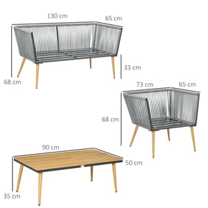 Salon de Jardin en résine tressée 4 places avec 1 canapé 2 fauteuils et 1 table basse 7 coussins inclus gris