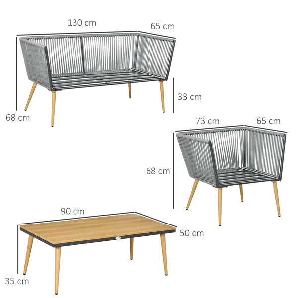 Salon de Jardin en résine tressée 4 places avec 1 canapé 2 fauteuils et 1 table basse 7 coussins inclus gris