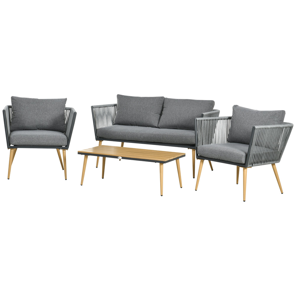 Salon de Jardin en résine tressée 4 places avec 1 canapé 2 fauteuils et 1 table basse 7 coussins inclus gris
