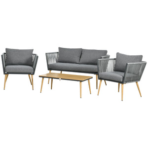 Salon de Jardin en résine tressée 4 places avec 1 canapé 2 fauteuils et 1 table basse 7 coussins inclus gris