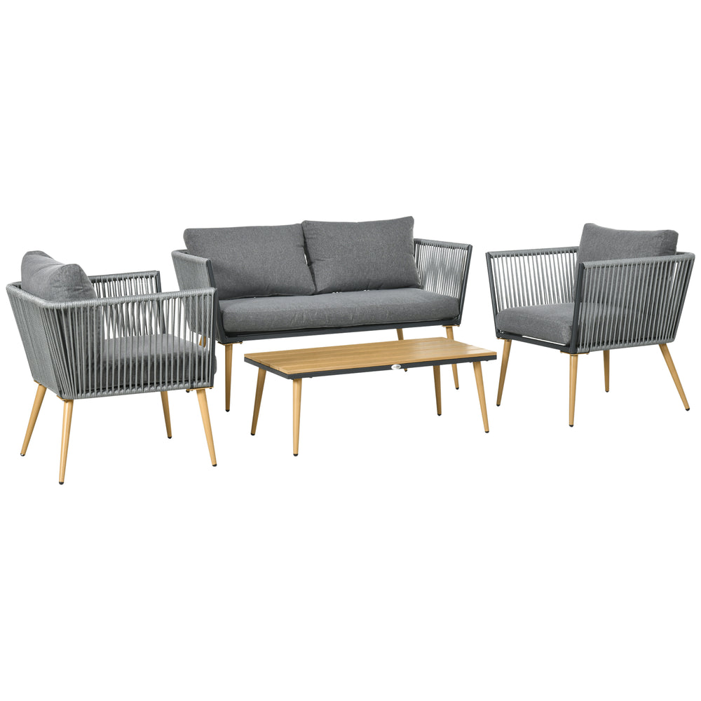 Salon de Jardin en résine tressée 4 places avec 1 canapé 2 fauteuils et 1 table basse 7 coussins inclus gris