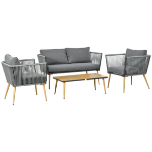 Salon de Jardin en résine tressée 4 places avec 1 canapé 2 fauteuils et 1 table basse 7 coussins inclus gris