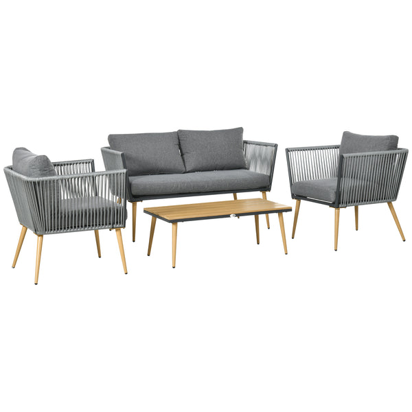 Salon de Jardin en résine tressée 4 places avec 1 canapé 2 fauteuils et 1 table basse 7 coussins inclus gris