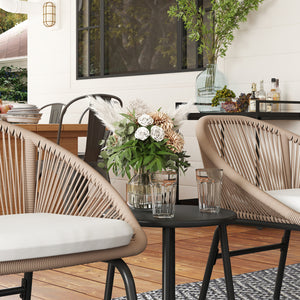 Ensemble salon de jardin 3 pièces pour 2 personnes avec coussins d'assise moelleux avec corde en résine tressée et acier époxy kaki