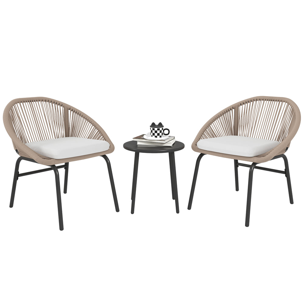Ensemble salon de jardin 3 pièces pour 2 personnes avec coussins d'assise moelleux avec corde en résine tressée et acier époxy kaki