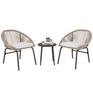Ensemble salon de jardin 3 pièces pour 2 personnes avec coussins d'assise moelleux avec corde en résine tressée et acier époxy kaki