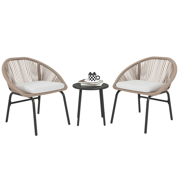 Ensemble salon de jardin 3 pièces pour 2 personnes avec coussins d'assise moelleux avec corde en résine tressée et acier époxy kaki