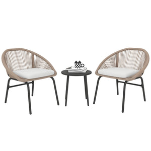 Ensemble salon de jardin 3 pièces pour 2 personnes avec coussins d'assise moelleux avec corde en résine tressée et acier époxy kaki