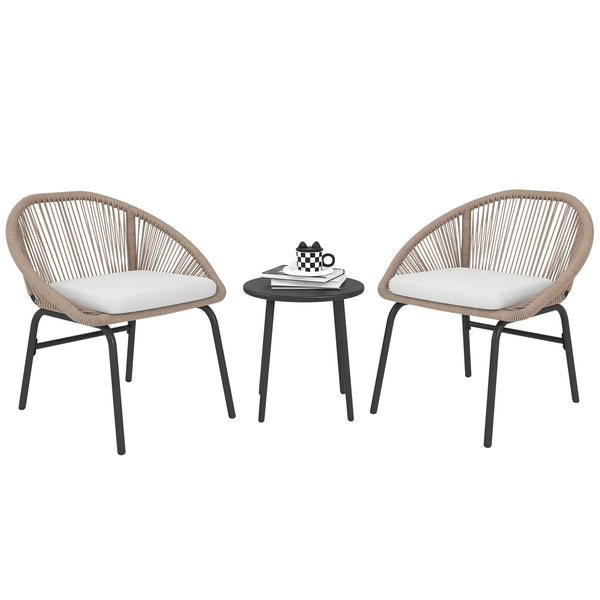 Ensemble salon de jardin 3 pièces pour 2 personnes avec coussins d'assise moelleux avec corde en résine tressée et acier époxy kaki