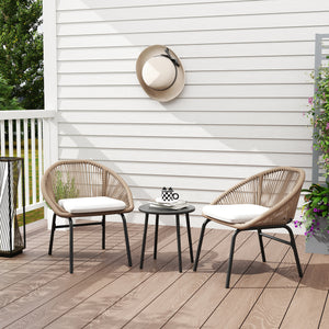 Ensemble salon de jardin 3 pièces pour 2 personnes avec coussins d'assise moelleux avec corde en résine tressée et acier époxy kaki
