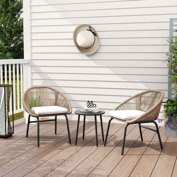 Ensemble salon de jardin 3 pièces pour 2 personnes avec coussins d'assise moelleux avec corde en résine tressée et acier époxy kaki