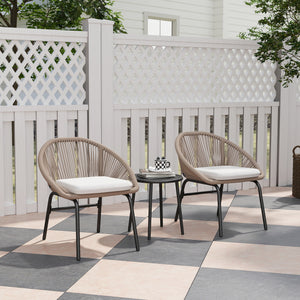 Ensemble salon de jardin 3 pièces pour 2 personnes avec coussins d'assise moelleux avec corde en résine tressée et acier époxy kaki