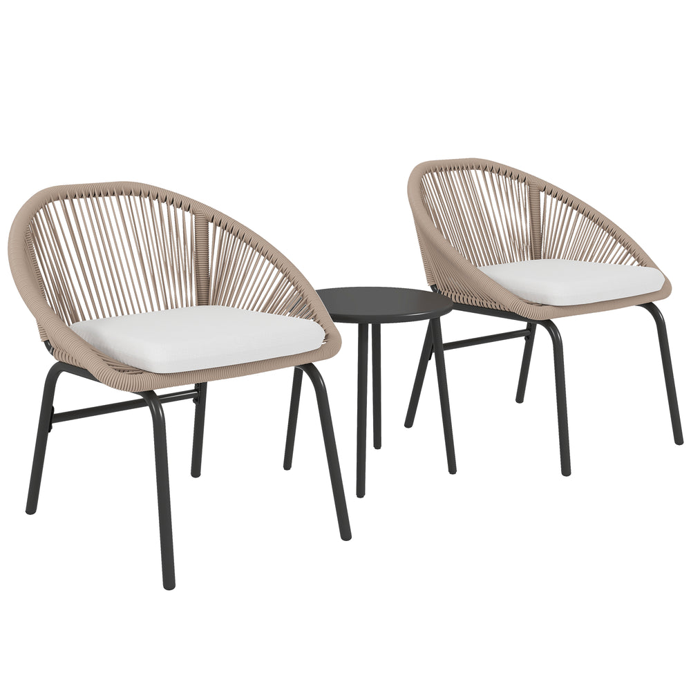 Ensemble salon de jardin 3 pièces pour 2 personnes avec coussins d'assise moelleux avec corde en résine tressée et acier époxy kaki