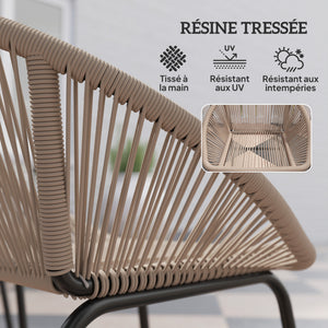 Ensemble salon de jardin 3 pièces pour 2 personnes avec coussins d'assise moelleux avec corde en résine tressée et acier époxy kaki