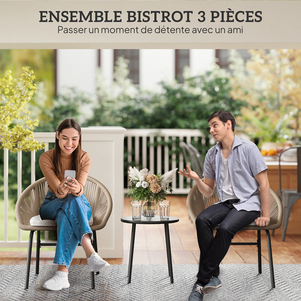 Ensemble salon de jardin 3 pièces pour 2 personnes avec coussins d'assise moelleux avec corde en résine tressée et acier époxy kaki