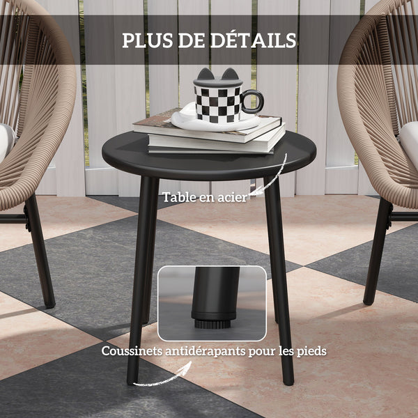 Ensemble salon de jardin 3 pièces pour 2 personnes avec coussins d'assise moelleux avec corde en résine tressée et acier époxy kaki