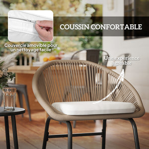 Ensemble salon de jardin 3 pièces pour 2 personnes avec coussins d'assise moelleux avec corde en résine tressée et acier époxy kaki
