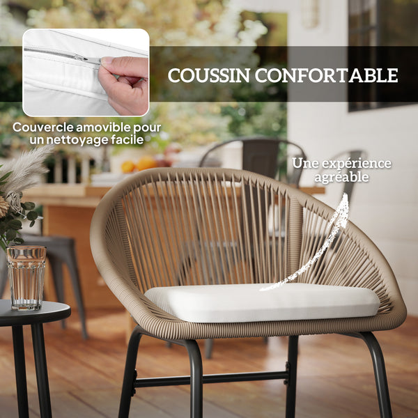 Ensemble salon de jardin 3 pièces pour 2 personnes avec coussins d'assise moelleux avec corde en résine tressée et acier époxy kaki