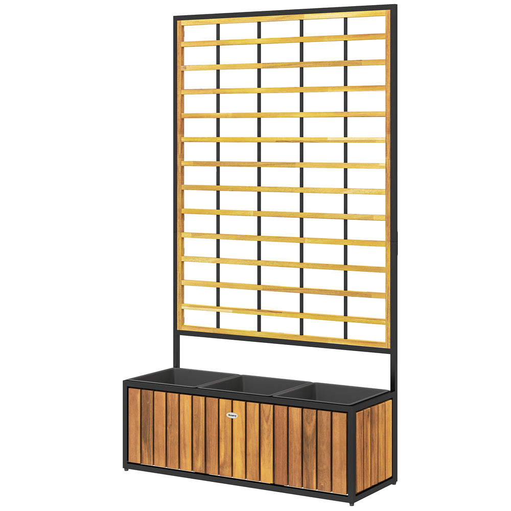 Jardinière avec treillis, lit surélevé de jardin, jardinière extérieure avec trous de drainage, bac à fleurs en bois d'acacia et acier pour balcon patio, 74 x 27 x 131 cm, teck