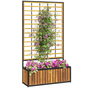 Jardinière avec treillis, lit surélevé de jardin, jardinière extérieure avec trous de drainage, bac à fleurs en bois d'acacia et acier pour balcon patio, 74 x 27 x 131 cm, teck