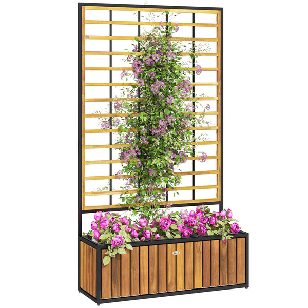 Jardinière avec treillis, lit surélevé de jardin, jardinière extérieure avec trous de drainage, bac à fleurs en bois d'acacia et acier pour balcon patio, 74 x 27 x 131 cm, teck