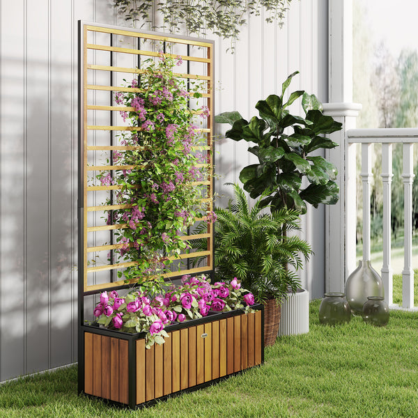 Jardinière avec treillis, lit surélevé de jardin, jardinière extérieure avec trous de drainage, bac à fleurs en bois d'acacia et acier pour balcon patio, 74 x 27 x 131 cm, teck