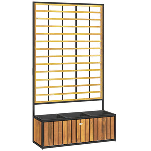 Jardinière avec treillis, lit surélevé de jardin, jardinière extérieure avec trous de drainage, bac à fleurs en bois d'acacia et acier pour balcon patio, 74 x 27 x 131 cm, teck